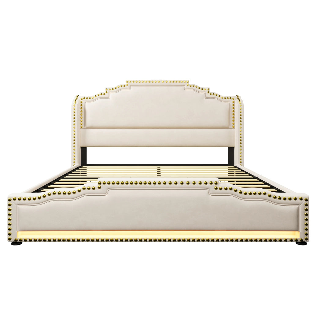 Letto matrimoniale 160x200 in velluto beige con LED, porte USB/Type-C, 4 cassetti e materasso incluso