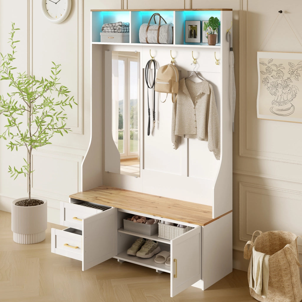 Mobile Ingresso con Specchio; LED; Ganci; Ante e Cassetti; Stile Moderno; in MDF; 120??40??187 cm; Bianco e Legno