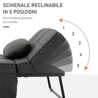 Poltrona Letto 4 in 1 con Schienale Regolabile e Cuscino in Tessuto Effetto Lino, 95x179x78 cm, Grigio
