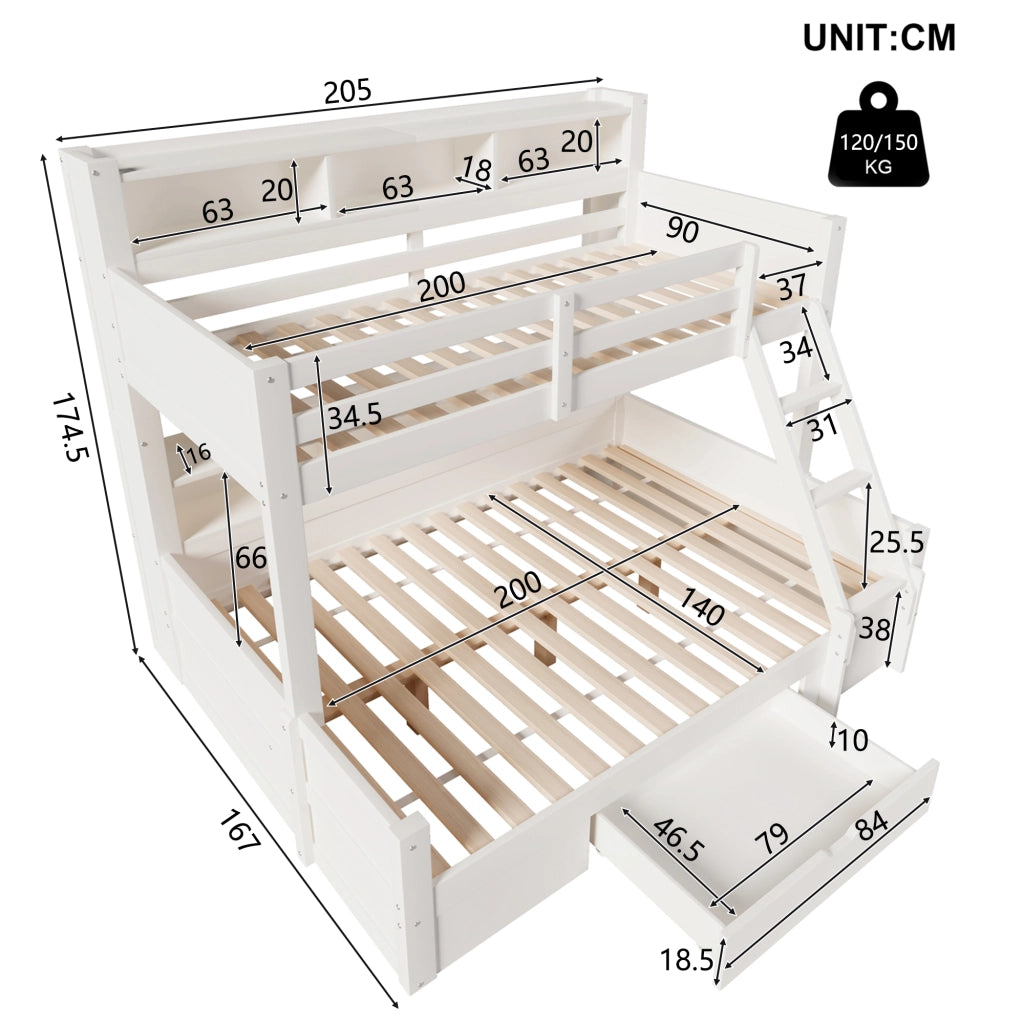 LETTO A CASTELLO 90x200 cm + 140x200 cm in legno bianco con LED
