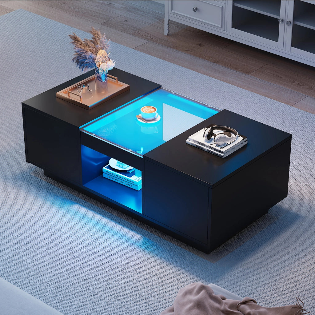TAVOLO BASSO 100x50x35,5 cm Nero con LED, 2 cassetti e 1 vano aperto