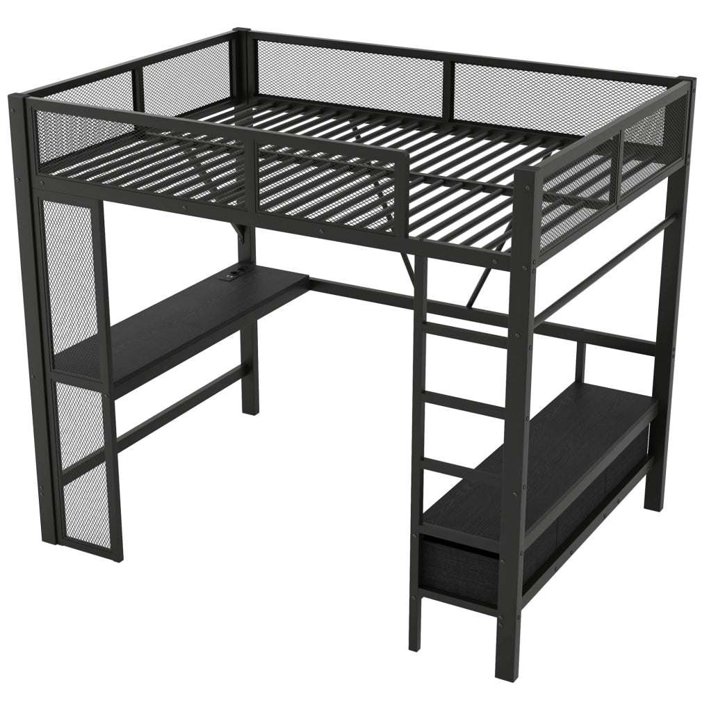 Letto a soppalco 140x200 cm nero – scrivania, contenimento e LED, senza materasso