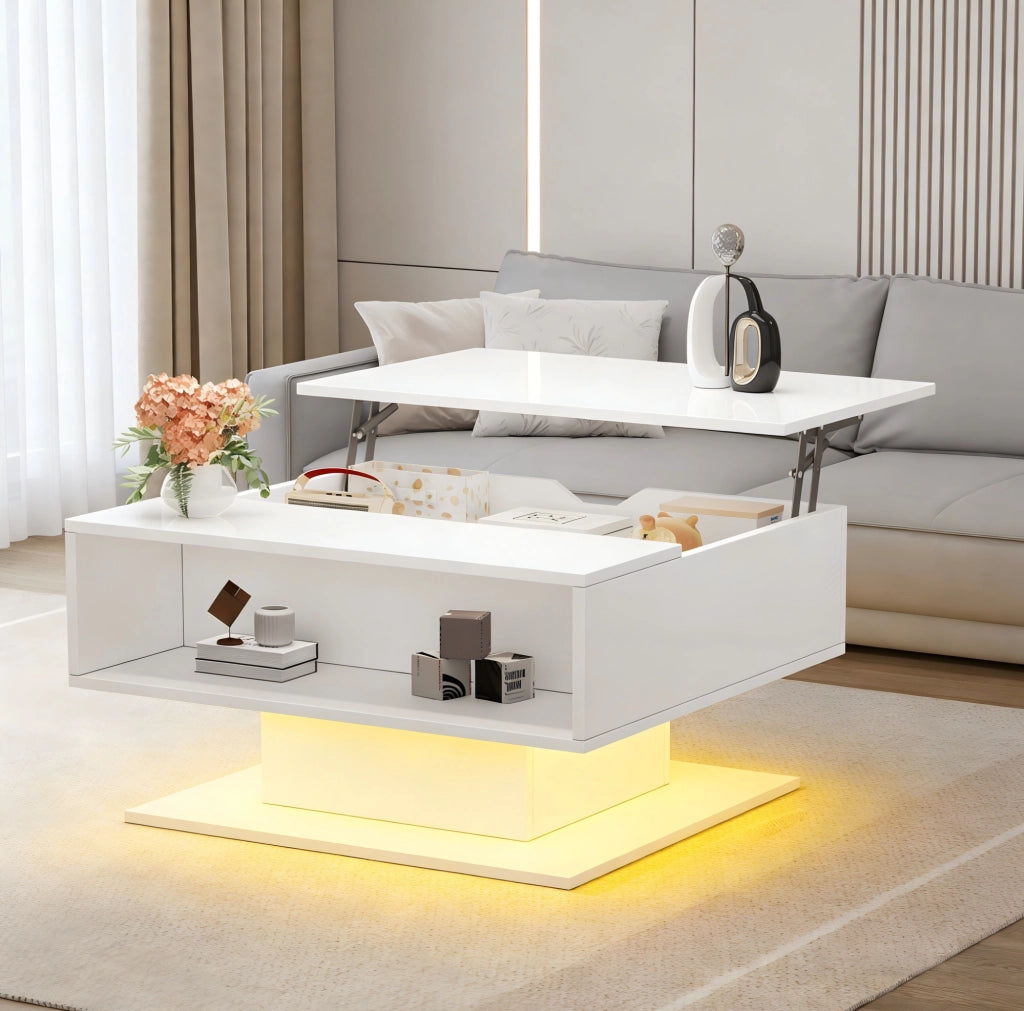 Tavolino da caffè sollevabile bianco con LED, vano nascosto e finitura lucida