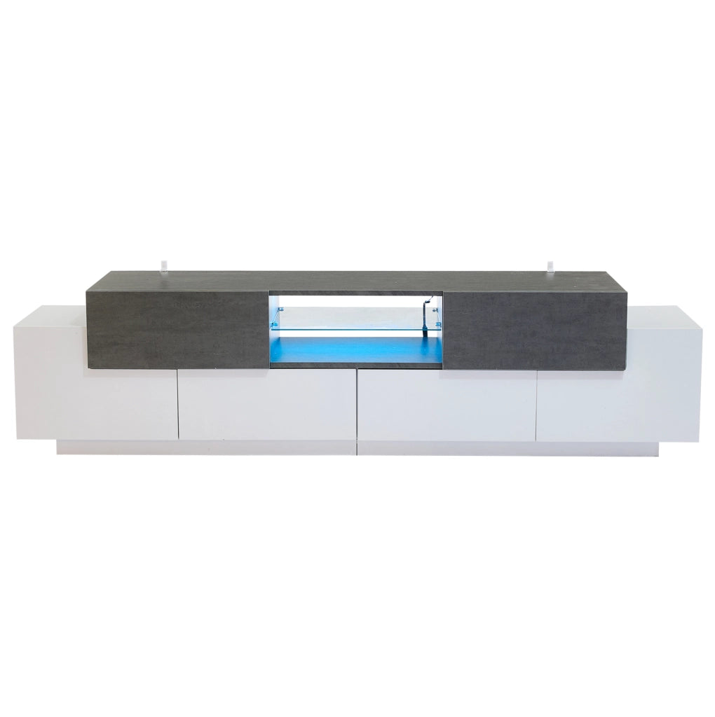 Mobile TV LED 180 cm bianco e grigio effetto marmo con ripiani in vetro