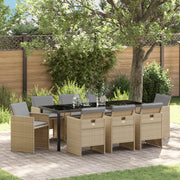 Set da Pranzo da 9 Pezzi per Giardino con Cuscini in Rattan Beige Poliestere