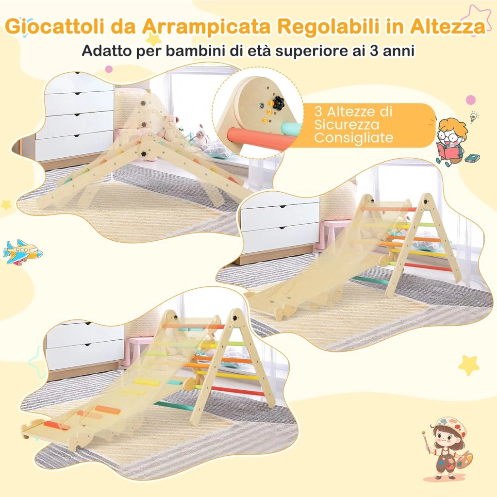 3 in 1 Set da Arrampicata per Bambini, Giocattoli da Arrampicata Triangolari Pieghevoli, Altezza Regolabili, con Scivolo/Rampe da Arrampicata, Carico 60 kg (Colorato)
