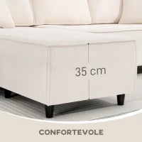 Divano con Penisola a 3 Posti in Tessuto Effetto Velluto, Schiuma e Nylon, 241x153x83 cm, Bianco Crema
