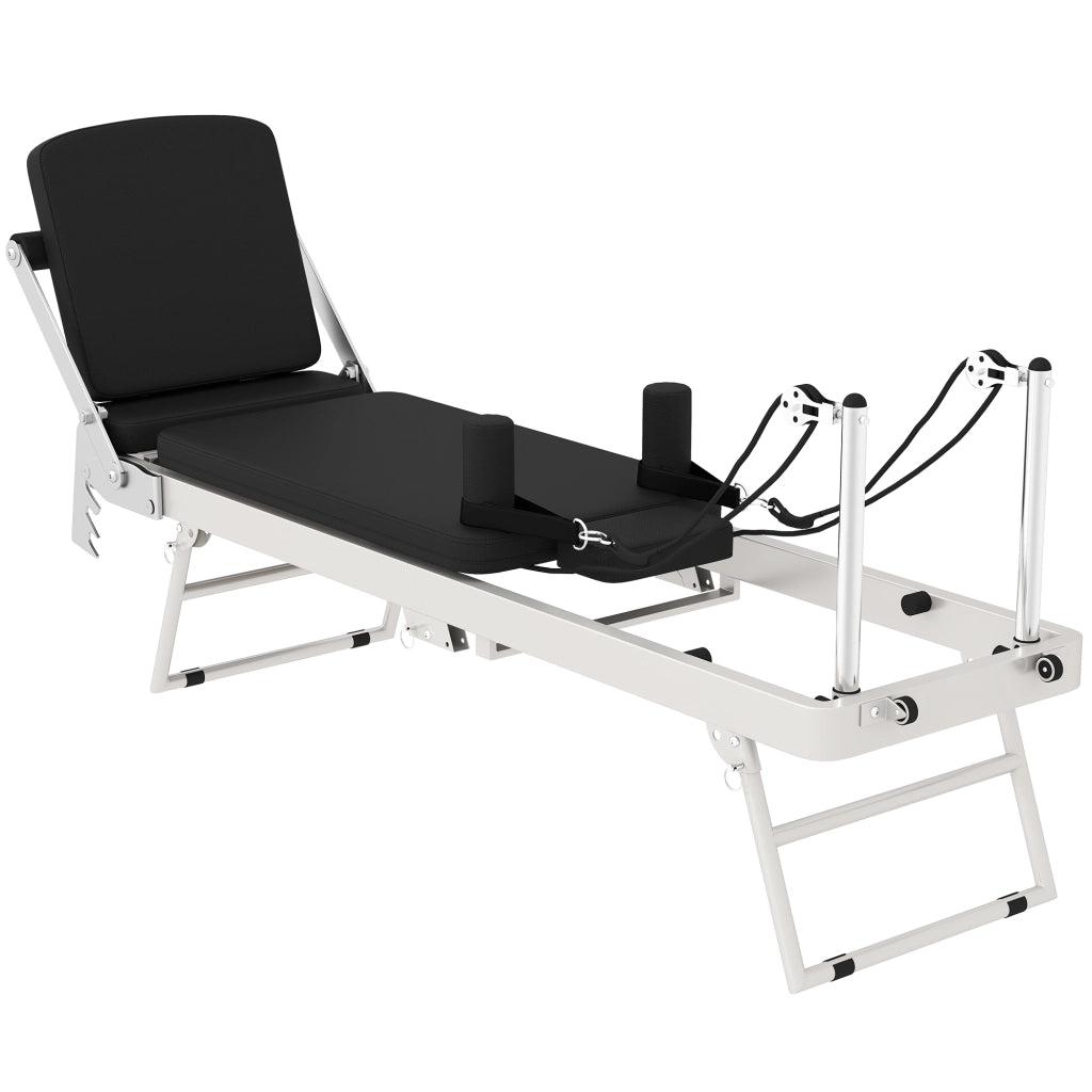 Reformer Pilates Pieghevole 195x56x88 cm con 2 Bande Elastiche in Acciaio e PU Bianco