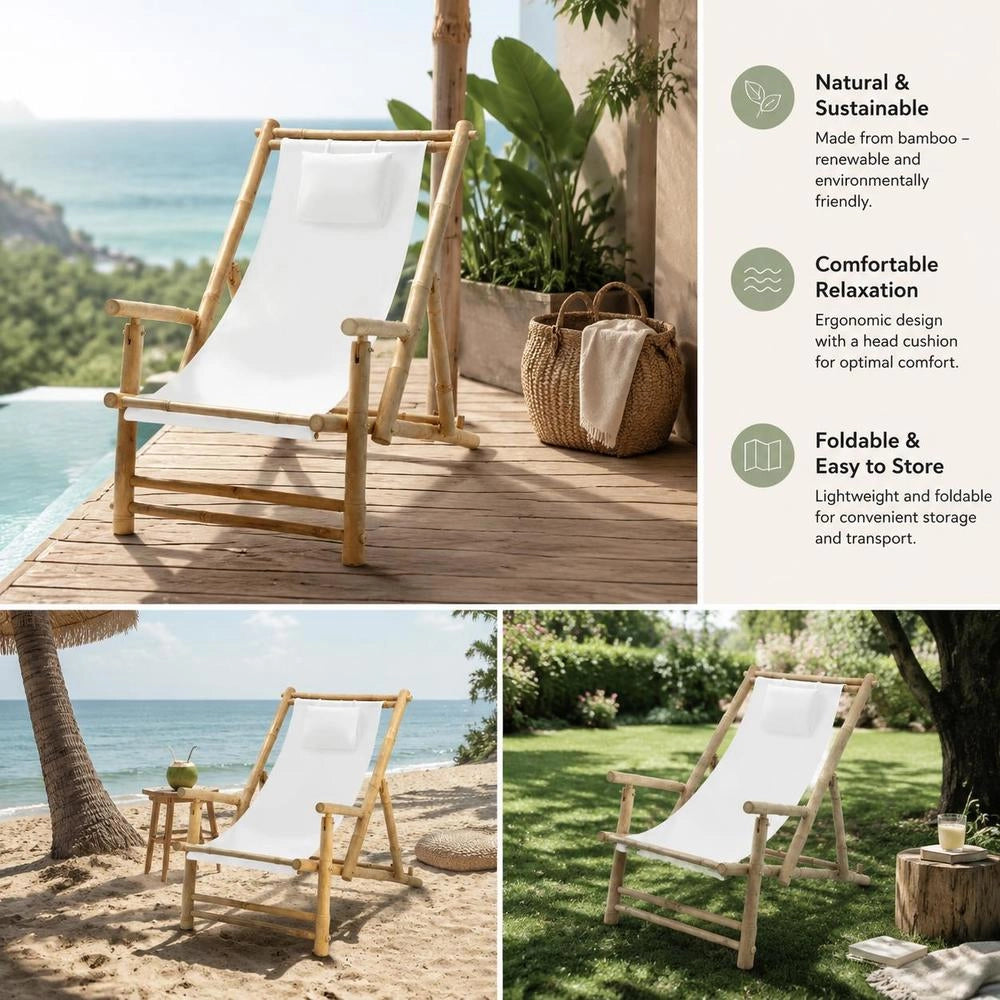 Bamboo And Cream-white Canvas Deck Chair