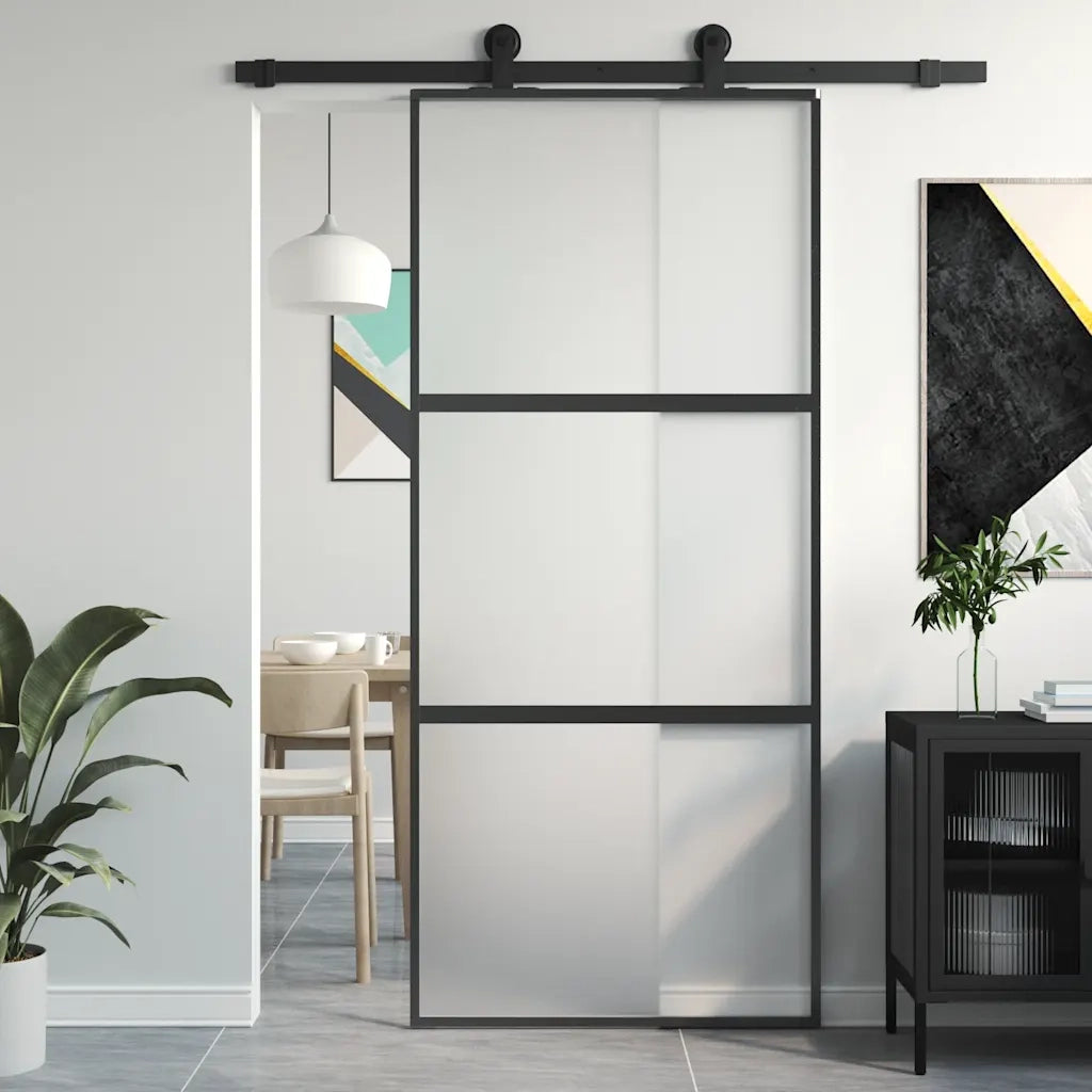 vidaXL Porta Scorrevole Nera 90x205 cm in Vetro Temperato e Alluminio