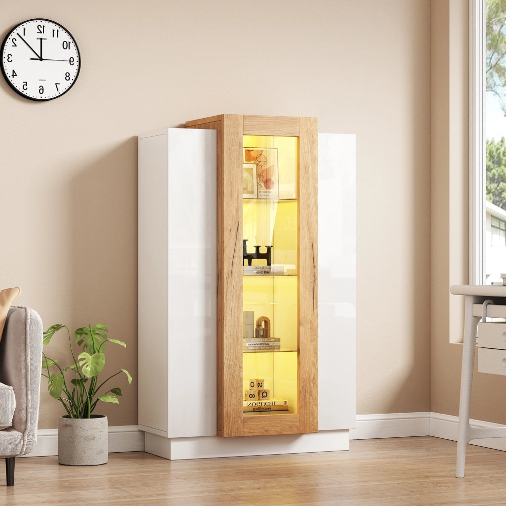 Vetrina; Libreria con 3 Ante; 1 Cassetto e LED; Controllo tramite App; Stile Moderno; in Pannelli di Particelle; Bianco e Legno; 74??40??120 cm