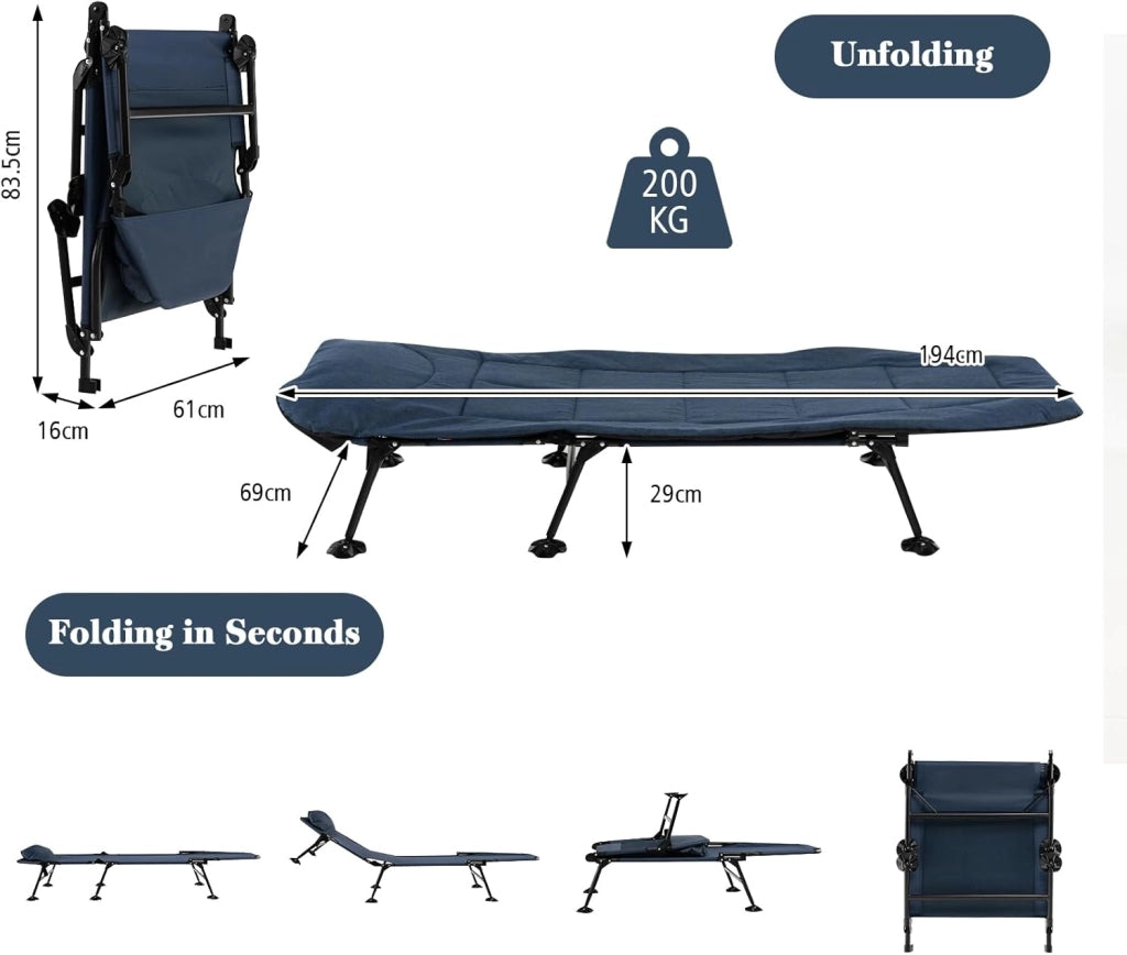 Lettino da Campeggio Pieghevole, Schienale Regolabile in 6 Livelli, Brandina con Materasso Rimovibile, Letto Portatile con Piedini Girevole a 360°, per Spiaggia, Carico 200 kg (Blu Navy)