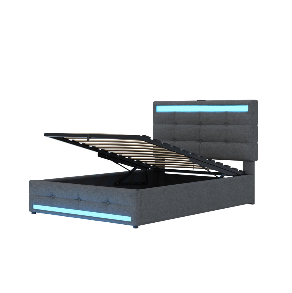 Letto imbottito singolo 90x200 cm con LED RGB; USB e testiera regolabile; grigio
