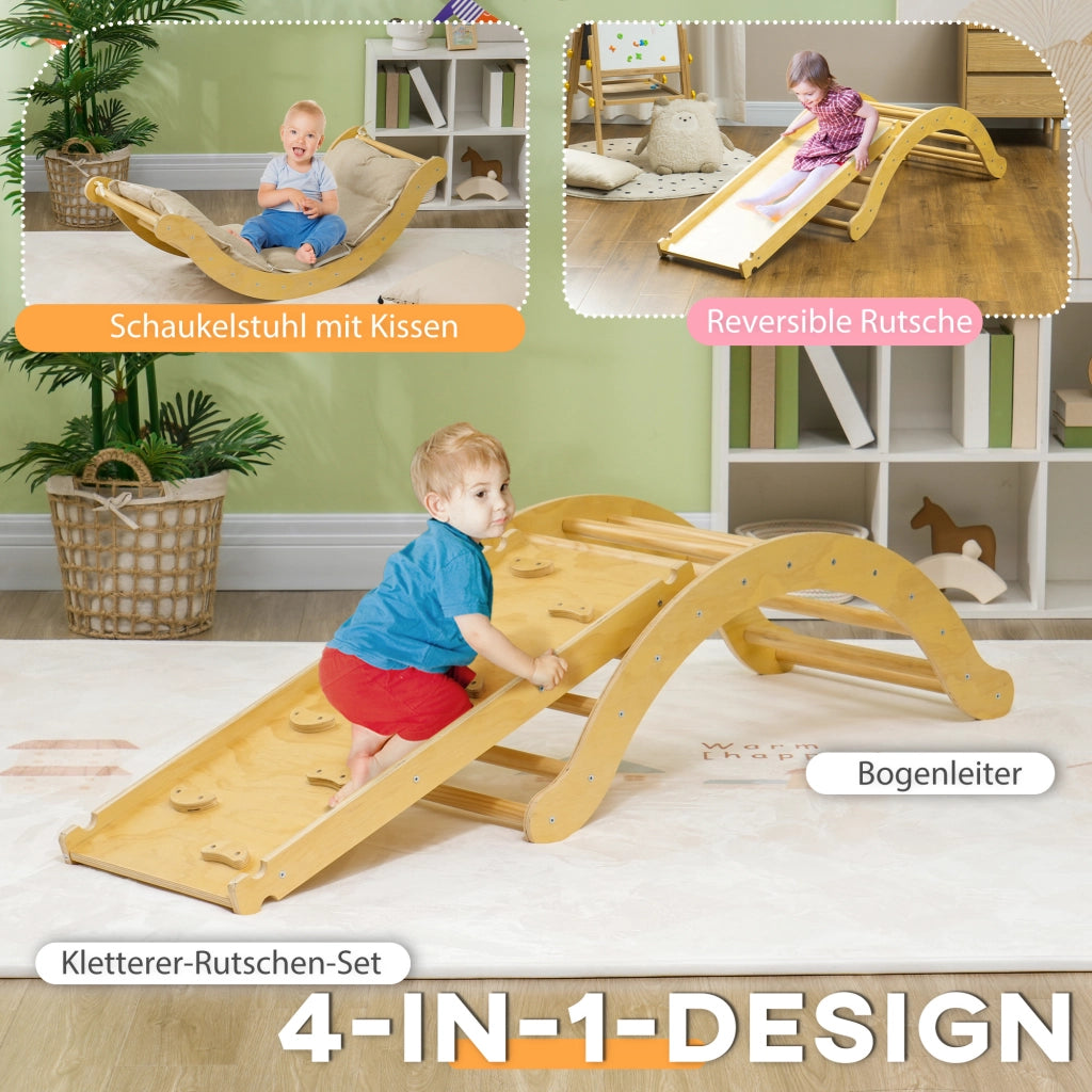 Set di arrampicata per bambini 4 in 1 ¨C zephmum ¨C con ponte ad arco, altalena, cuscino, scivolo, legno