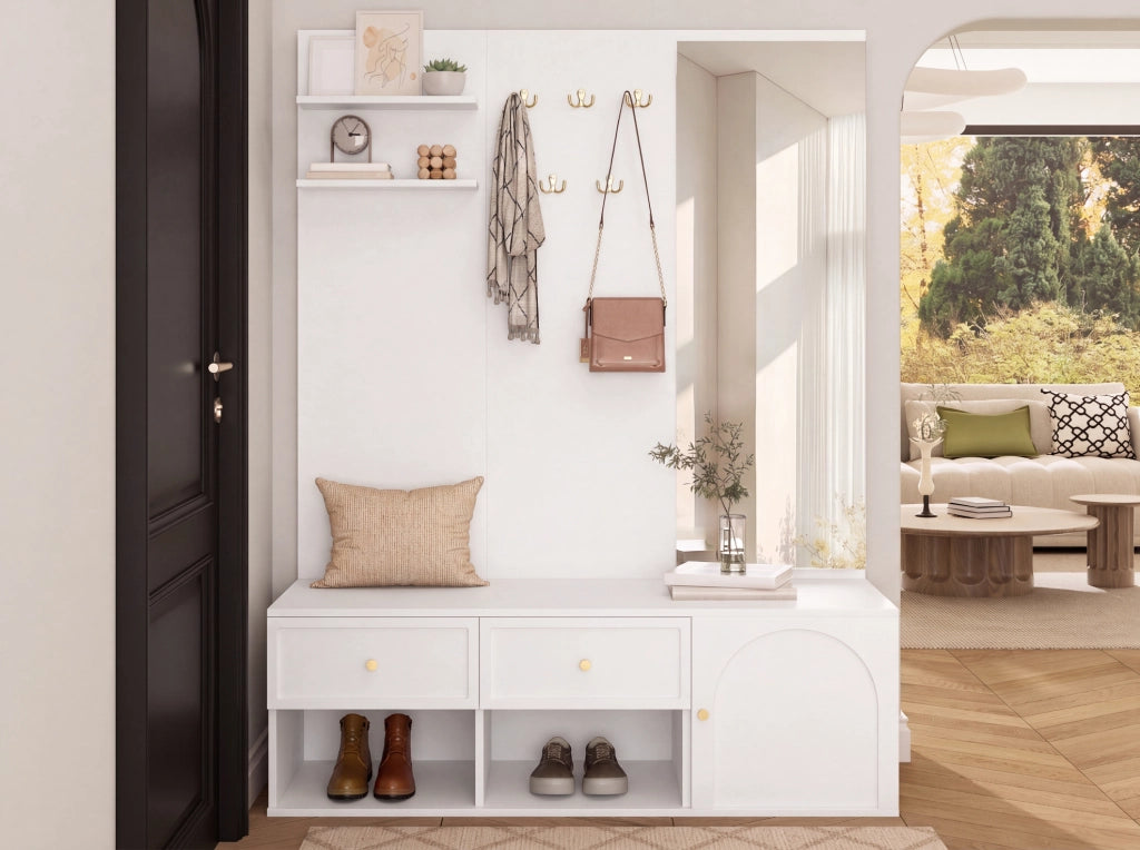 Set appendiabiti da parete con specchio, cassetti e panca, bianco, 120x35x159 cm