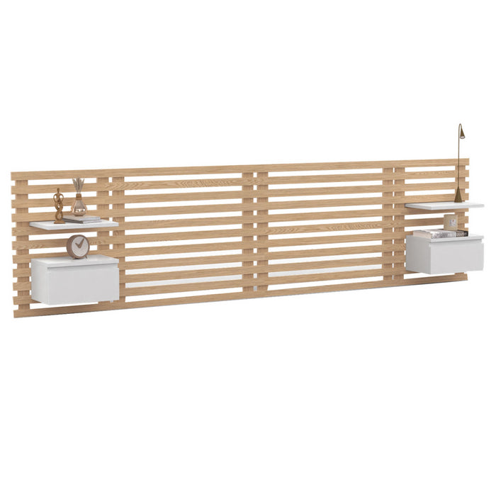 IDMarket - Cabecero de lamas AVA con mesillas colgantes 240 CM madera clara y blanco
