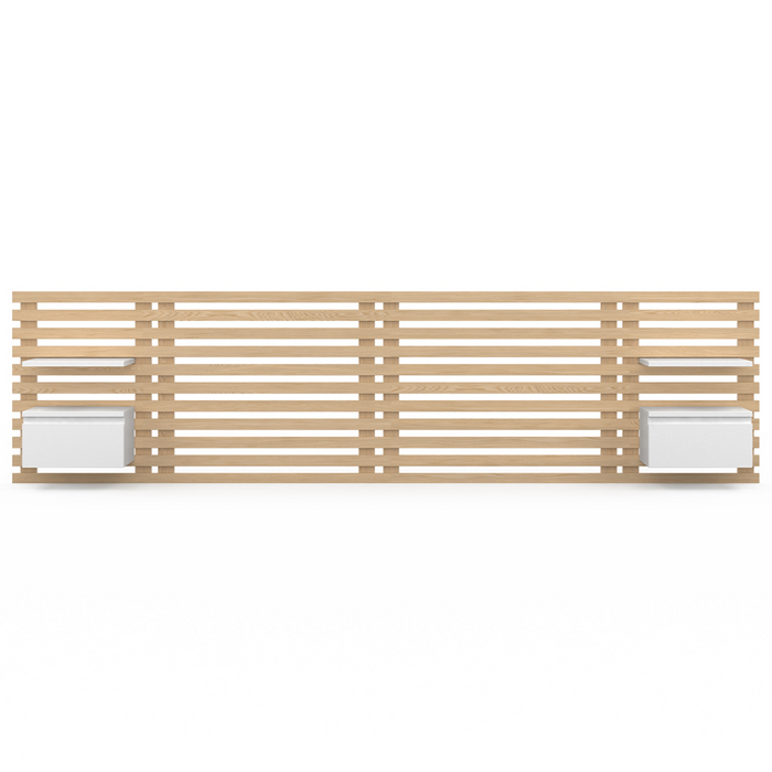 IDMarket - Cabecero de lamas AVA con mesillas colgantes 240 CM madera clara y blanco