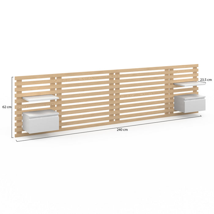 IDMarket - Cabecero de lamas AVA con mesillas colgantes 240 CM madera clara y blanco