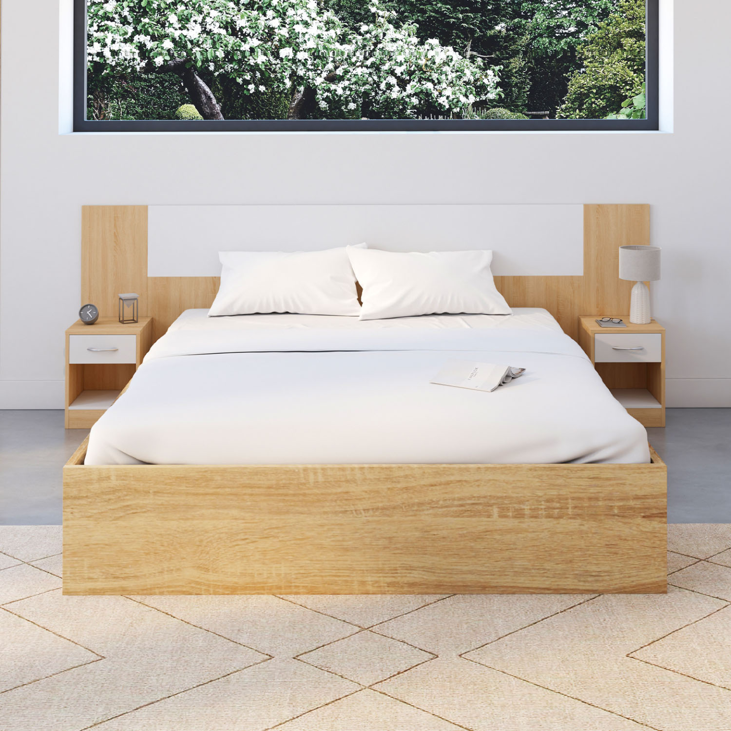 IDMarket - Cabecero SAPA para cama 140 y 160 CM con mesillas efecto madera y blanco