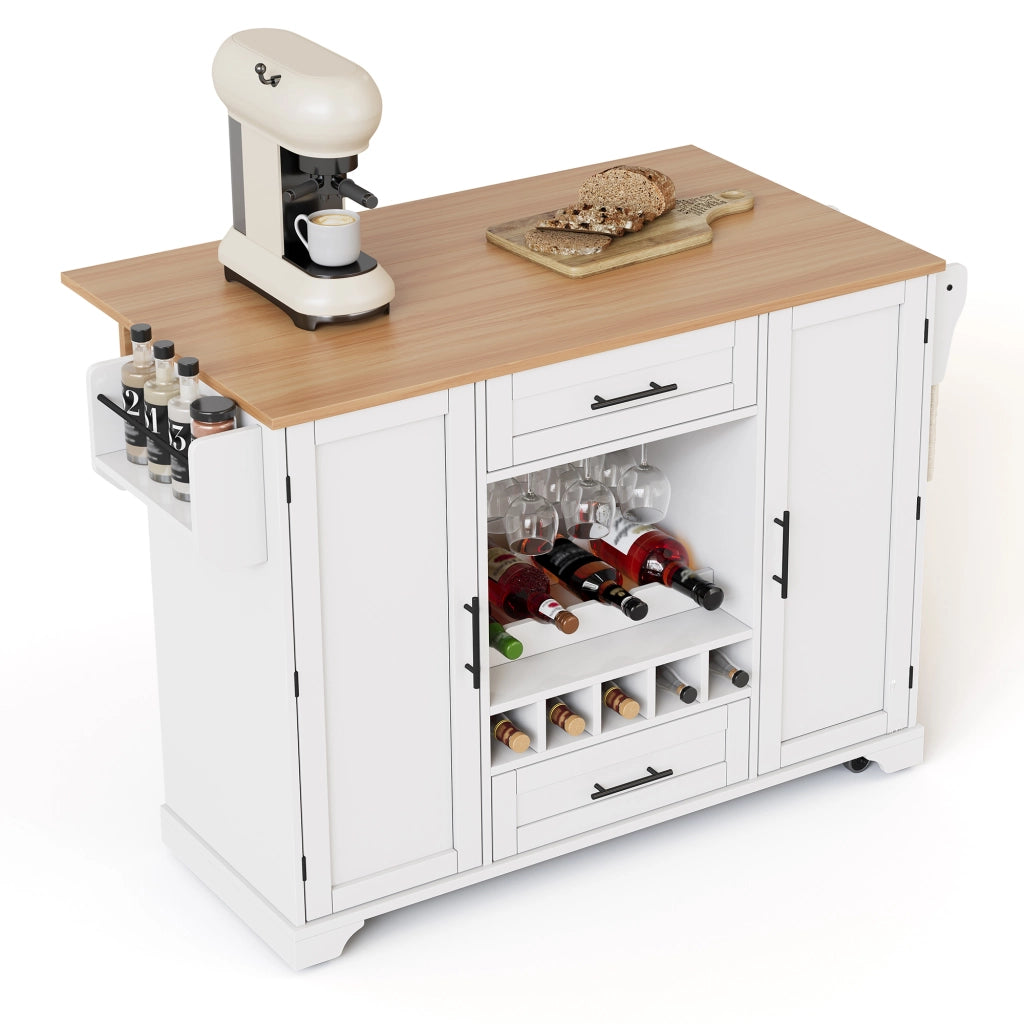 Isola da Cucina Mobile 138x45/70x92 cm Bianca e Legno con Portabottiglie, 2 Cassetti e 5 Ruote