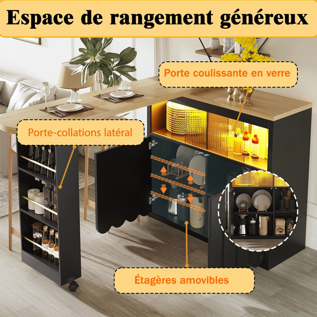 Tavolo da Bar Allungabile con Vano Contenitore; LED; USB e Anta Scorrevole in Vetro; MDF; Nero; 135-205x39x100 cm