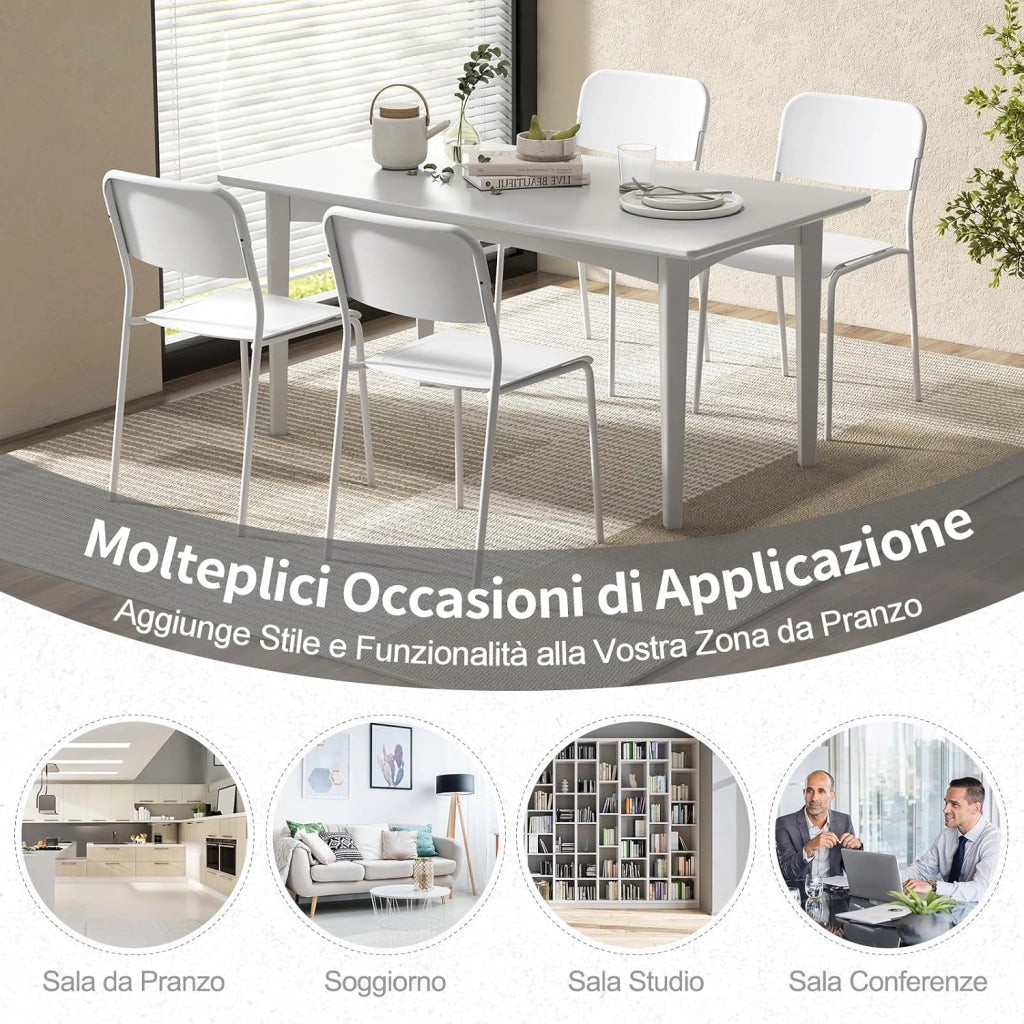 Set 4 Sedie Sala da Pranzo Moderno, Sedie da Cucina Accumulabili con Schienale Inclinato e Gambe Metalliche Robuste, Set di Sedie per Soggiorno, 48,5 x 44,5 x 81 cm (Bianco)