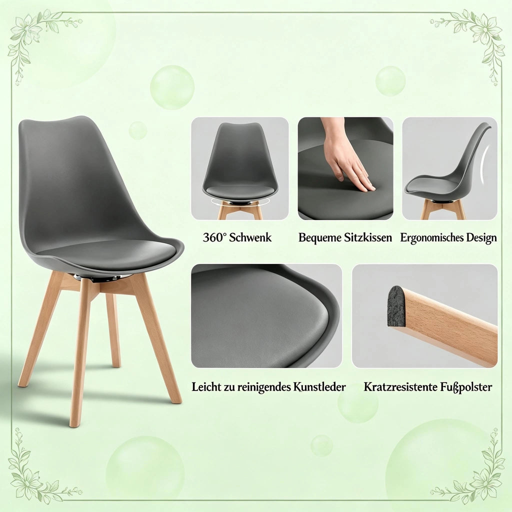 Sedia da Pranzo Girevole a 360° Set da 4 con Schienale Ergonomico, Similpelle Grigia 40.5 × 83 × 40.5 cm