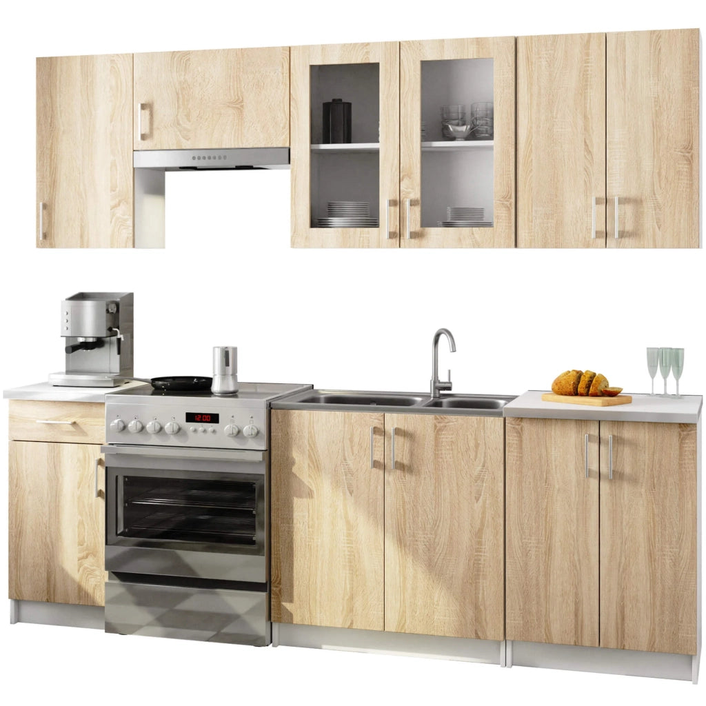 Set da cucina con vetrina AKORD LIMA 2,4 m H720 Bianco 240 cm 11 ante 1 cassetto frontale Rovere Sonoma 240×44,5×203 cm