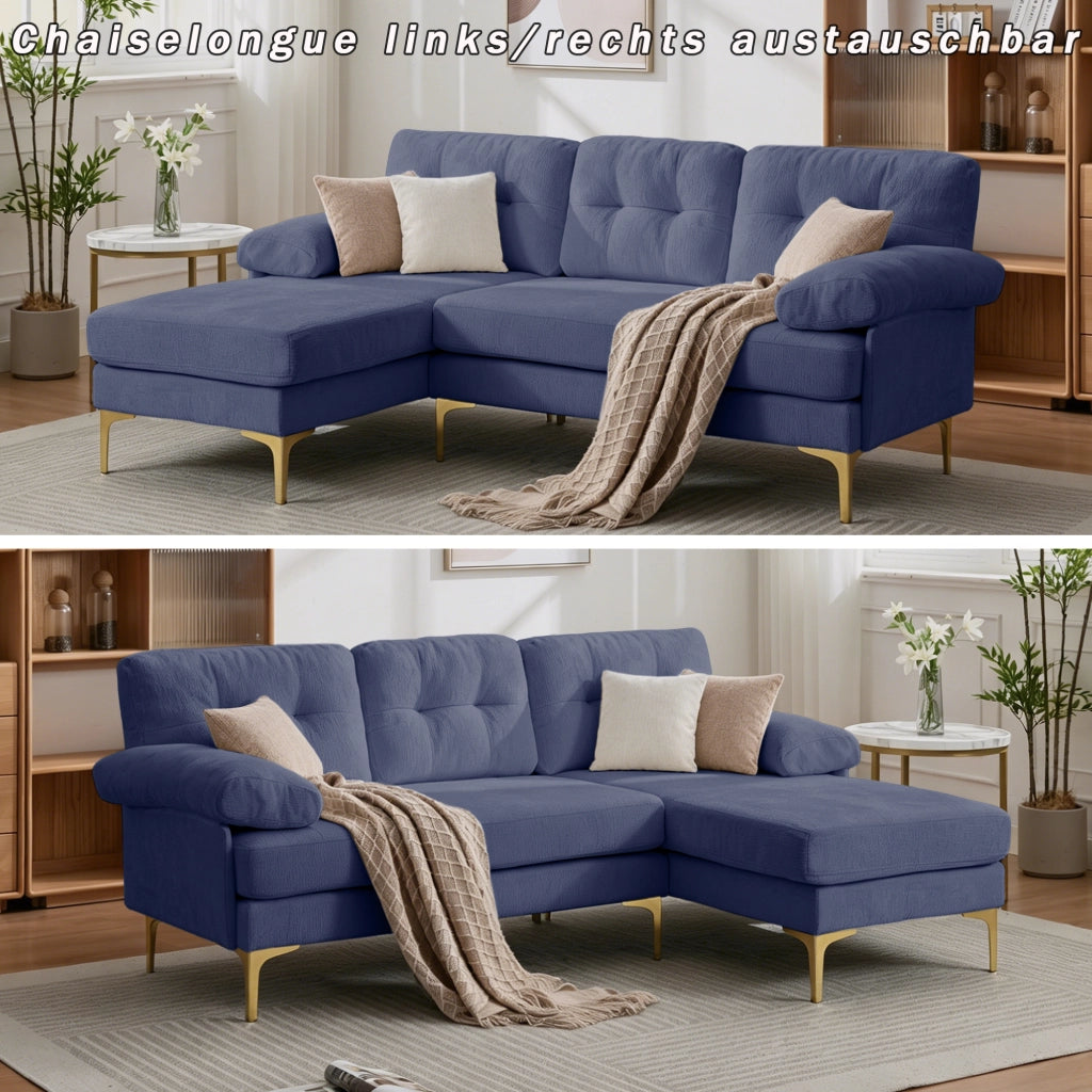 Divano angolare reversibile a 3 posti con cuscini imbottiti, braccioli larghi, struttura in legno, in tessuto chenille blu