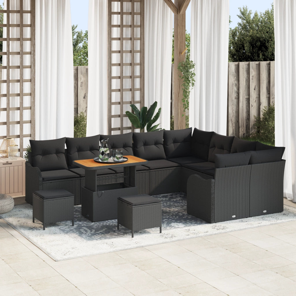 Set Divano da Giardino 12 Pezzi con Cuscini Nero Polyrattan Acacia