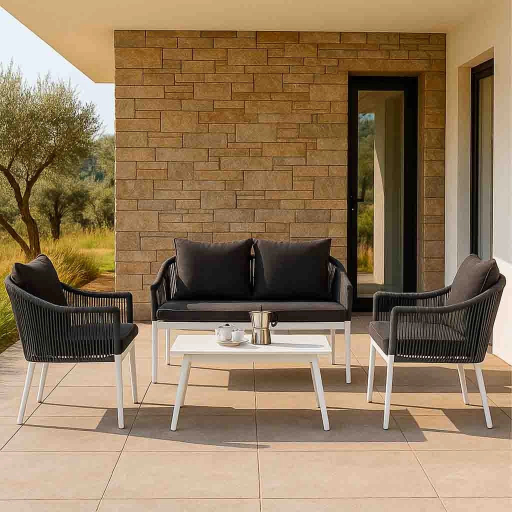 Set divano tavolo e 2 poltrone grigio 90x50x40, 58x65x84, 117x65x84