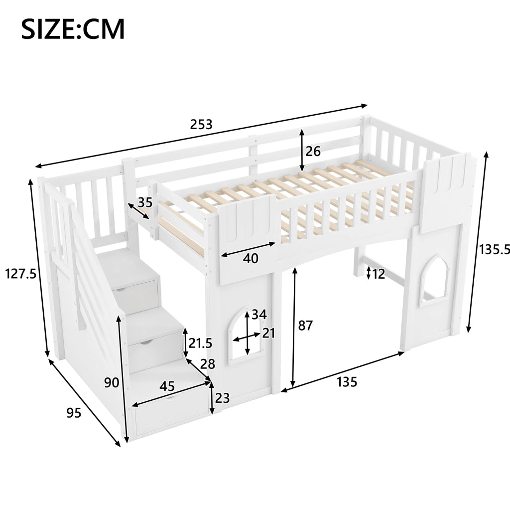 Letto a soppalco 90x200 cm con scala contenitore e finestre