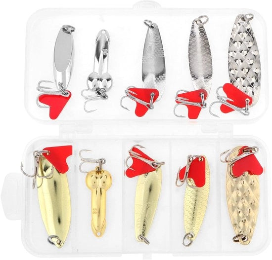 Pescatoio Metallico a 10 Stuks - Lure Metallica - Acciaio Inox - Acciaio Alto in Carbonio - Treble Hook - Scatola di Riposo - Pescatoio