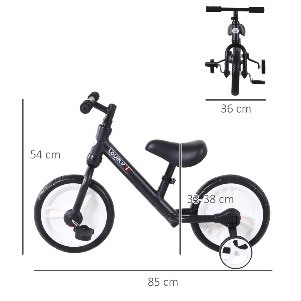 Bicicletta Pedagogica Evolutiva per Bambini da 2-5 Anni Sellino Regolabile in Metallo Nero