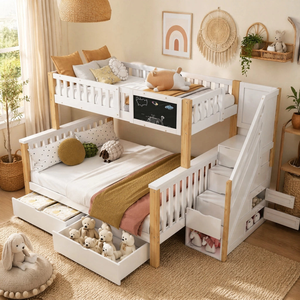 LETTO a castello multifunzionale 90x200+140x200 Bianco e Rovere chiaro