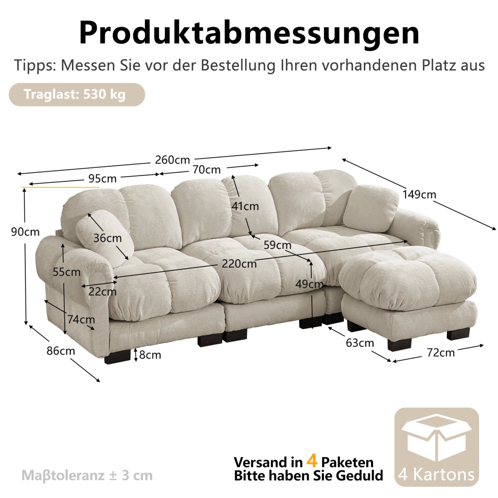 Divano angolare a 3 posti in tessuto chenille con seduta imbottita, pouf mobile e cuciture trapuntate beige chiaro