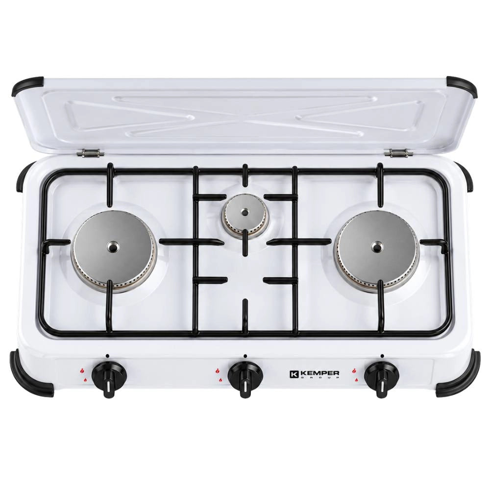 Kemper fornello 3 fuochi bombole butano/propano coperchio griglia removibili bianco piedini plastica antigraffio 1,2 kw