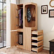 Armadio con 4 cassetti e vano appendiabiti aperto, 1 anta, per camera da letto, in legno naturale, 70 × 40 × 170 cm