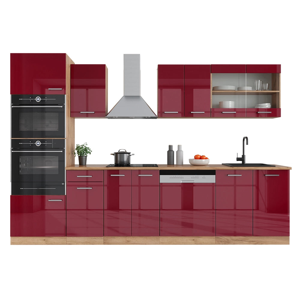 Vicco Cucina componibile Rosso lucido/rovere dorato 300 cm con armadio alto, PL Marmo