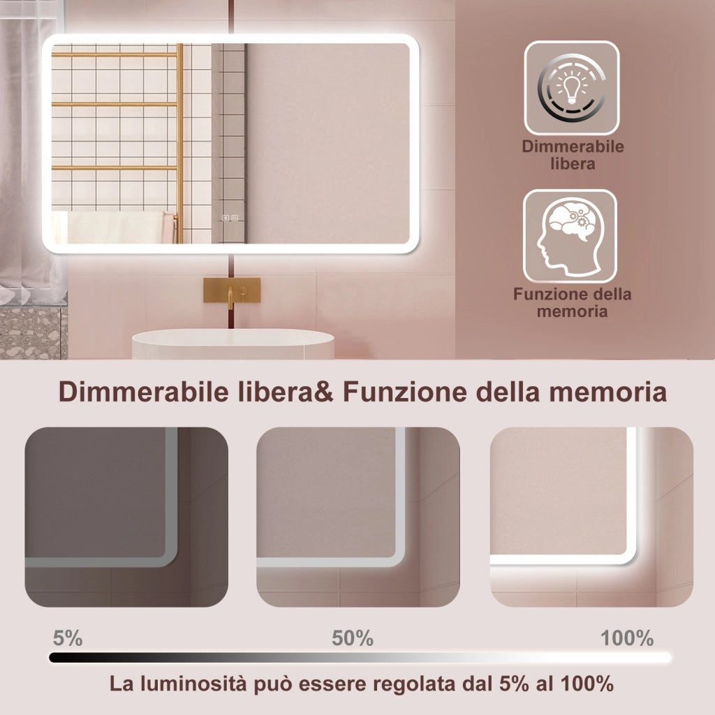 AICA Specchio da bagno  70 x 120 cm, dimmerabile, Blue tooth, Funzione Memoria, antiappannamento, 3 colori