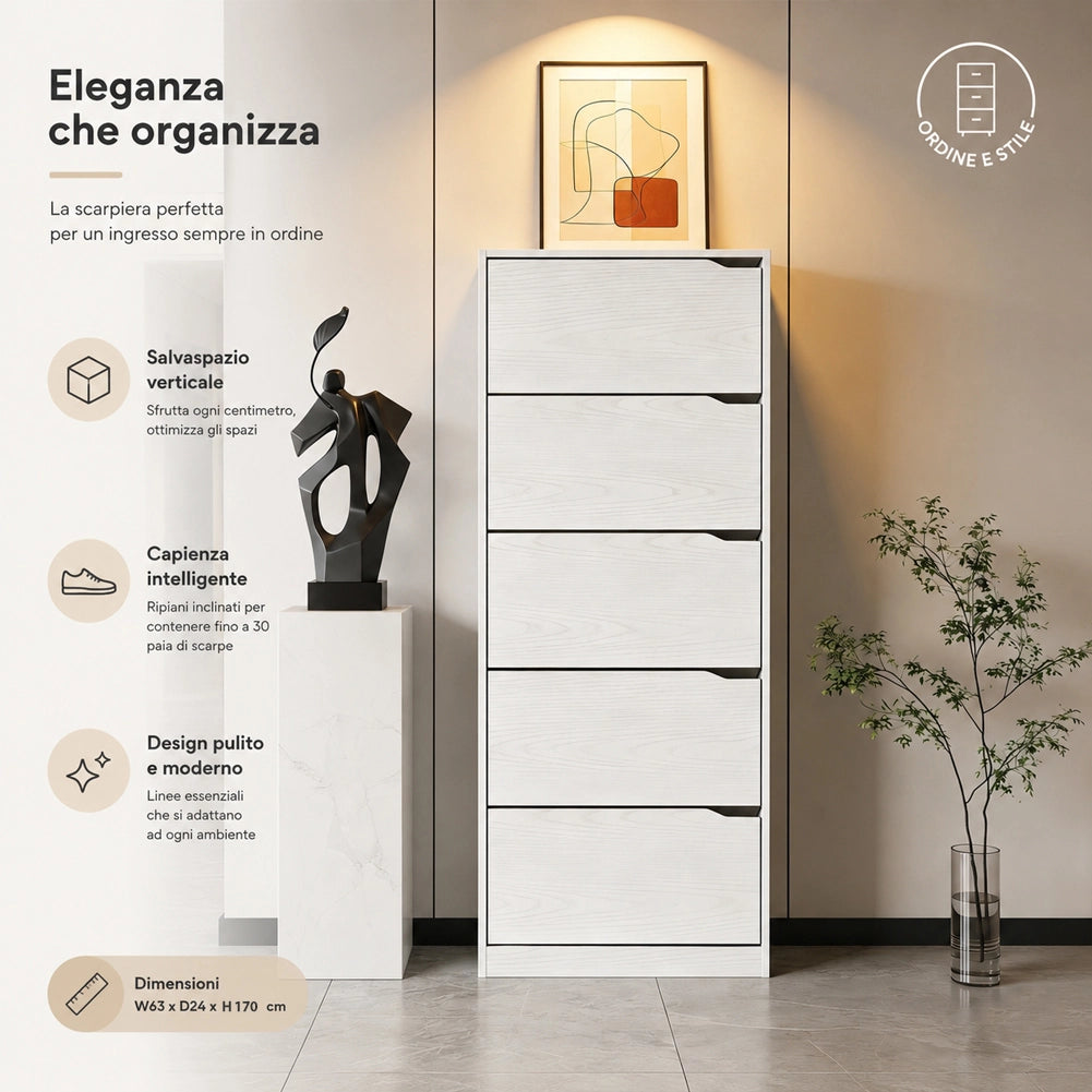 Scarpiera 5 Ripiani Bianca con Maniglia Scomparsa Scarpe Salvaspazio 63x24x170cm