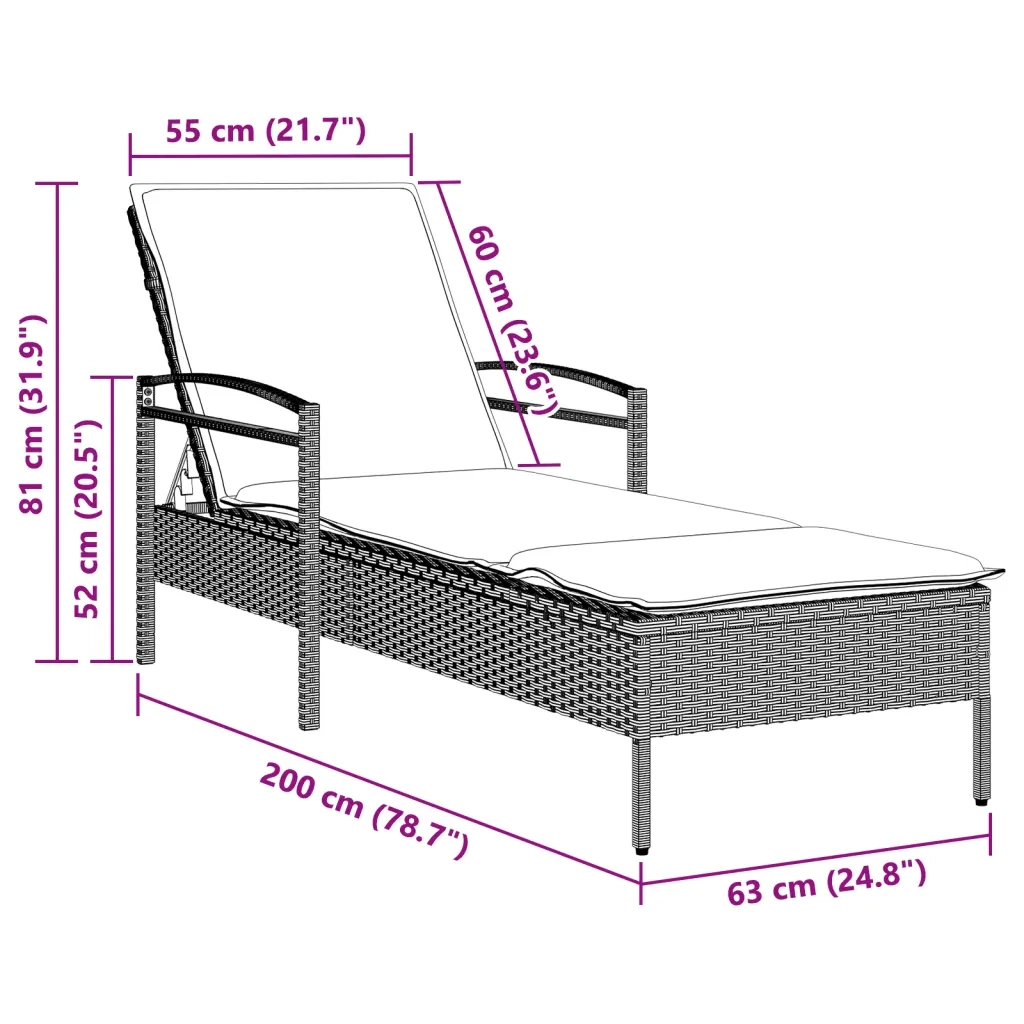 Lettino con Cuscino Grigio Chiaro 63x200x81 cm in Polyrattan 368304