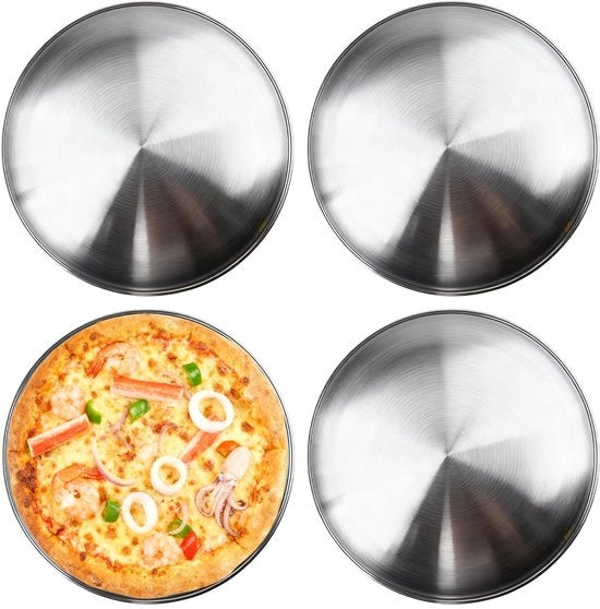 Set di cottura per pizza a 4 pezzi: 30 cm piatto in acciaio inossidabile a forma rotonda, padelle rotonde per forno, cottura, servizio, frittura, piatto per pizza in acciaio metallico argentato per cucina, piatto per caffè