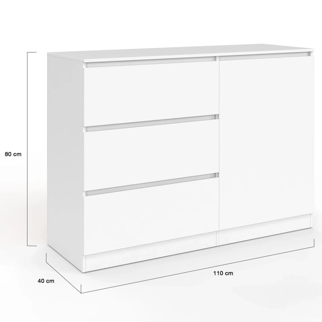 IDMarket - TOMI Cassettone a 3 cassetti + 1 anta 110 cm legno bianco