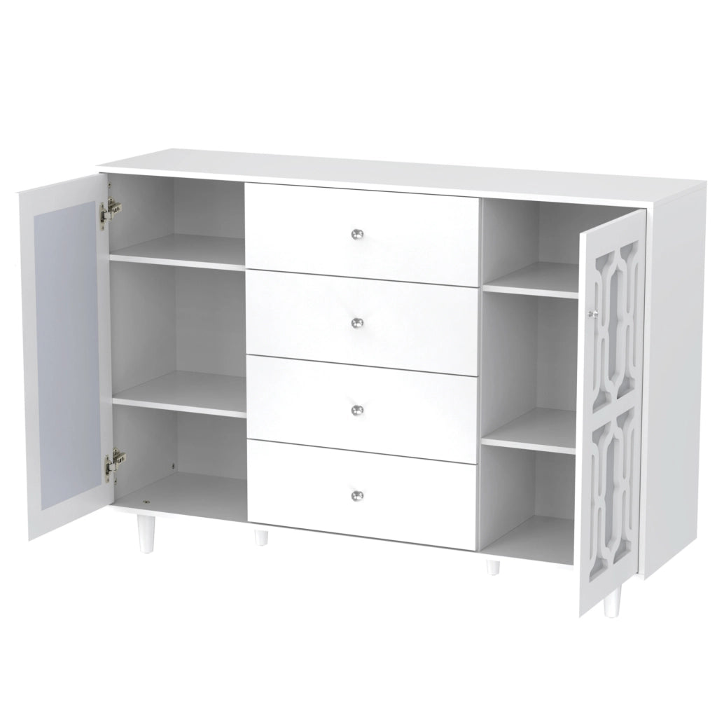 Credenza ULEVR 147x40x102 cm con 2 ante, 4 cassetti e pannelli a specchio, bianca