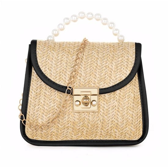 Tas da donna con stoffa, stile boho, con catena, per viaggiare, per la spiaggia, per la luna di miele (nero)