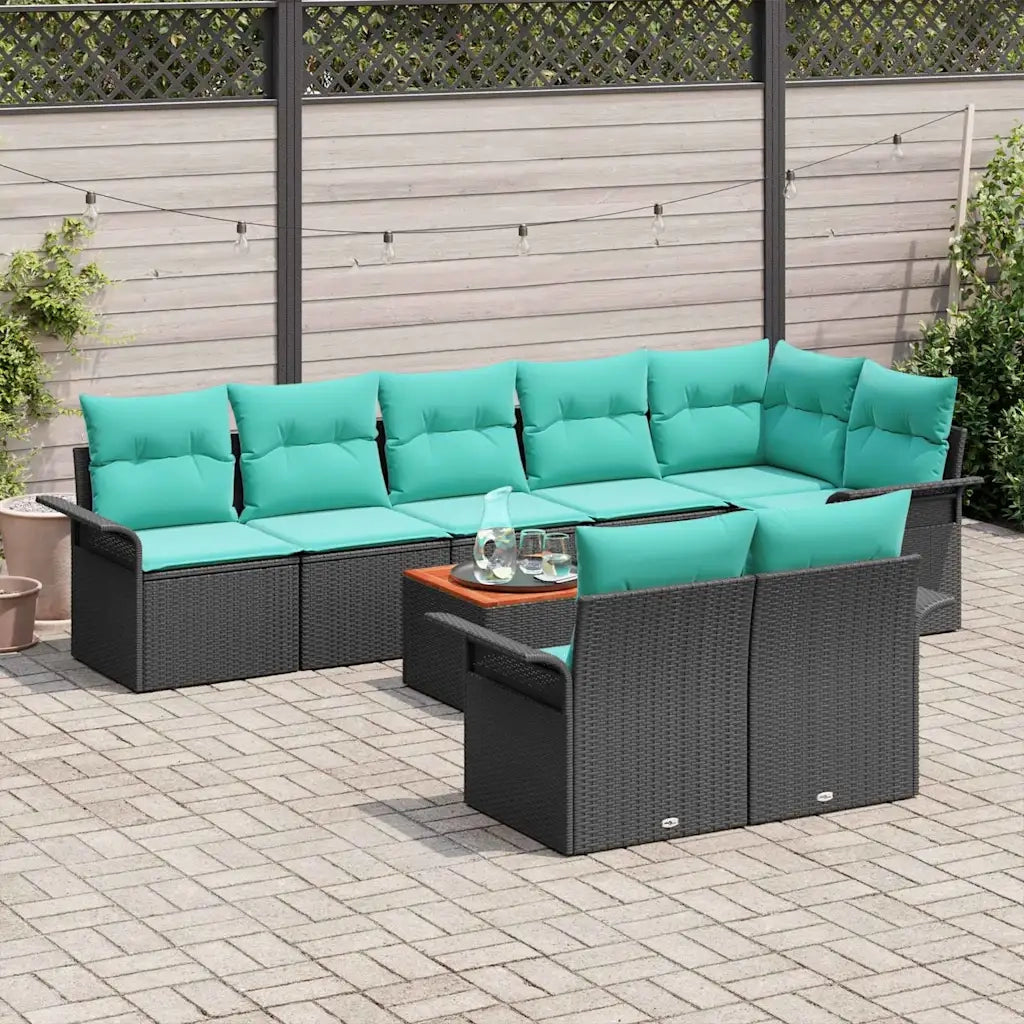 Set Divano da Giardino 9 pcs Nero e Turchese polyrattan