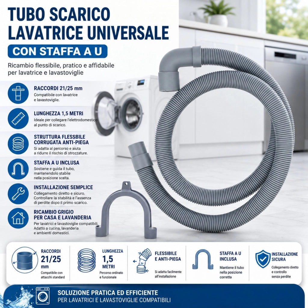 Tubo Scarico Lavatrice 1,5 m 21/25 mm con Staffa a U 59053