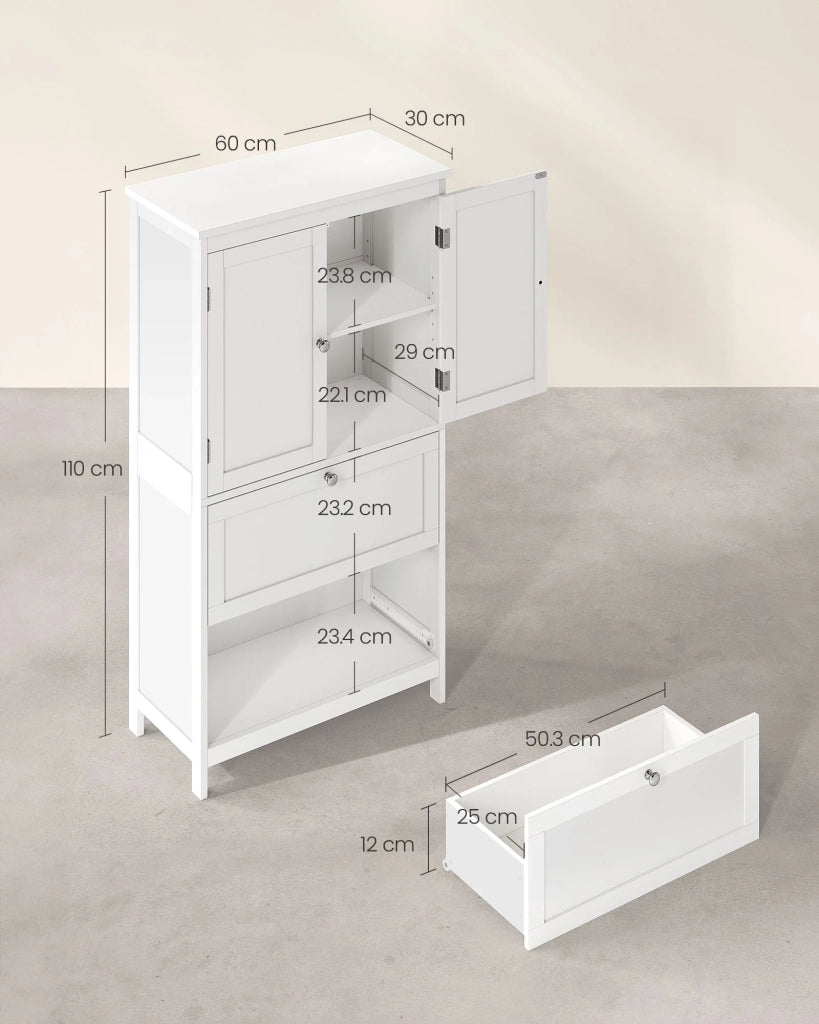 Mobiletto da bagno mobiletto da cucina mobiletto con 2 cassetti e 2 ante ripiani regolabili 30 x 60 x 110 cm bianco 12_0004021