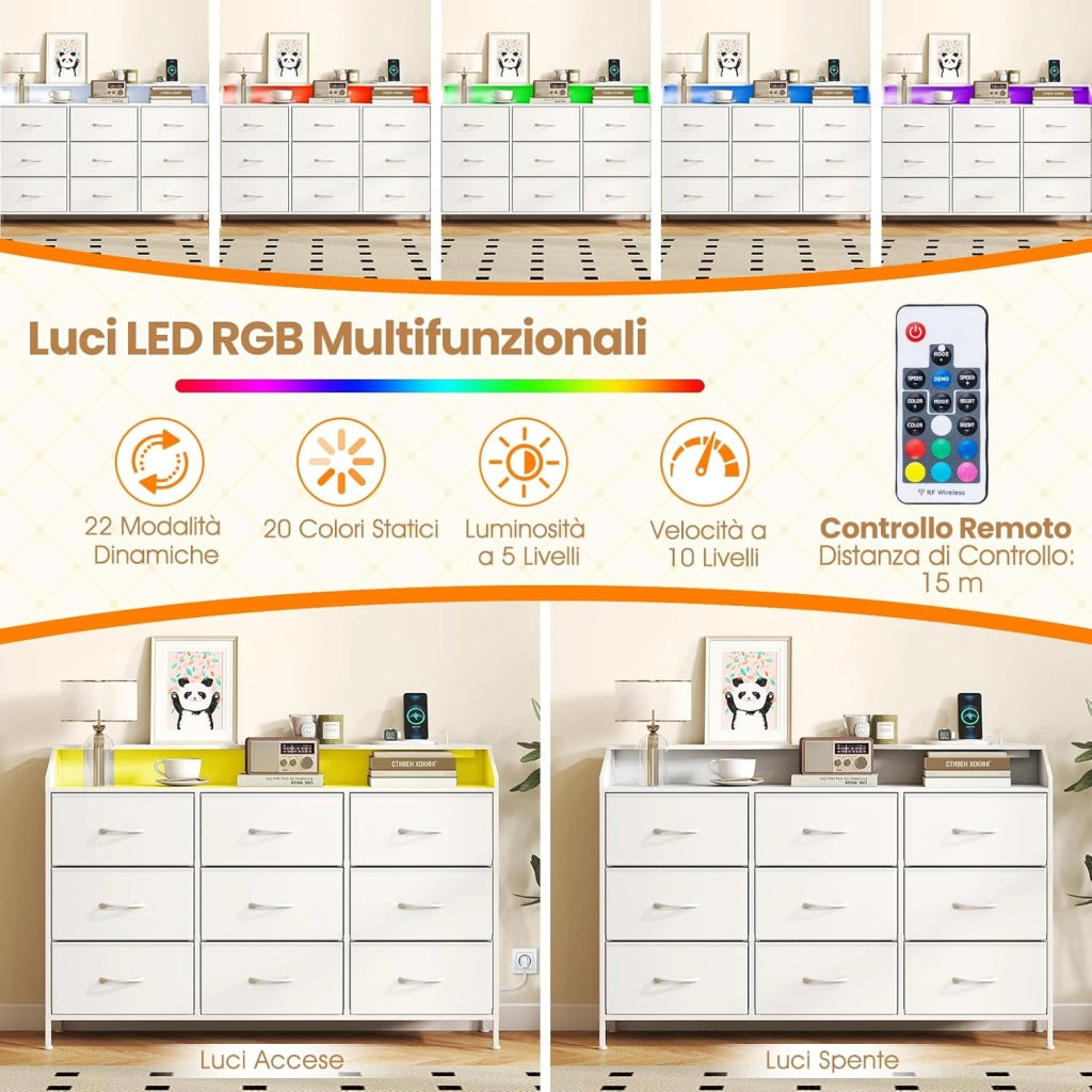 Cassettiera Camera da Letto, Comò con 9 Cassetti in Tessuto, Stazione di Ricarica e Luci LED, Struttura in Metallo, Armadietto per Ingresso e Soggiorno, 127 x 29 x 84 cm, Bianco